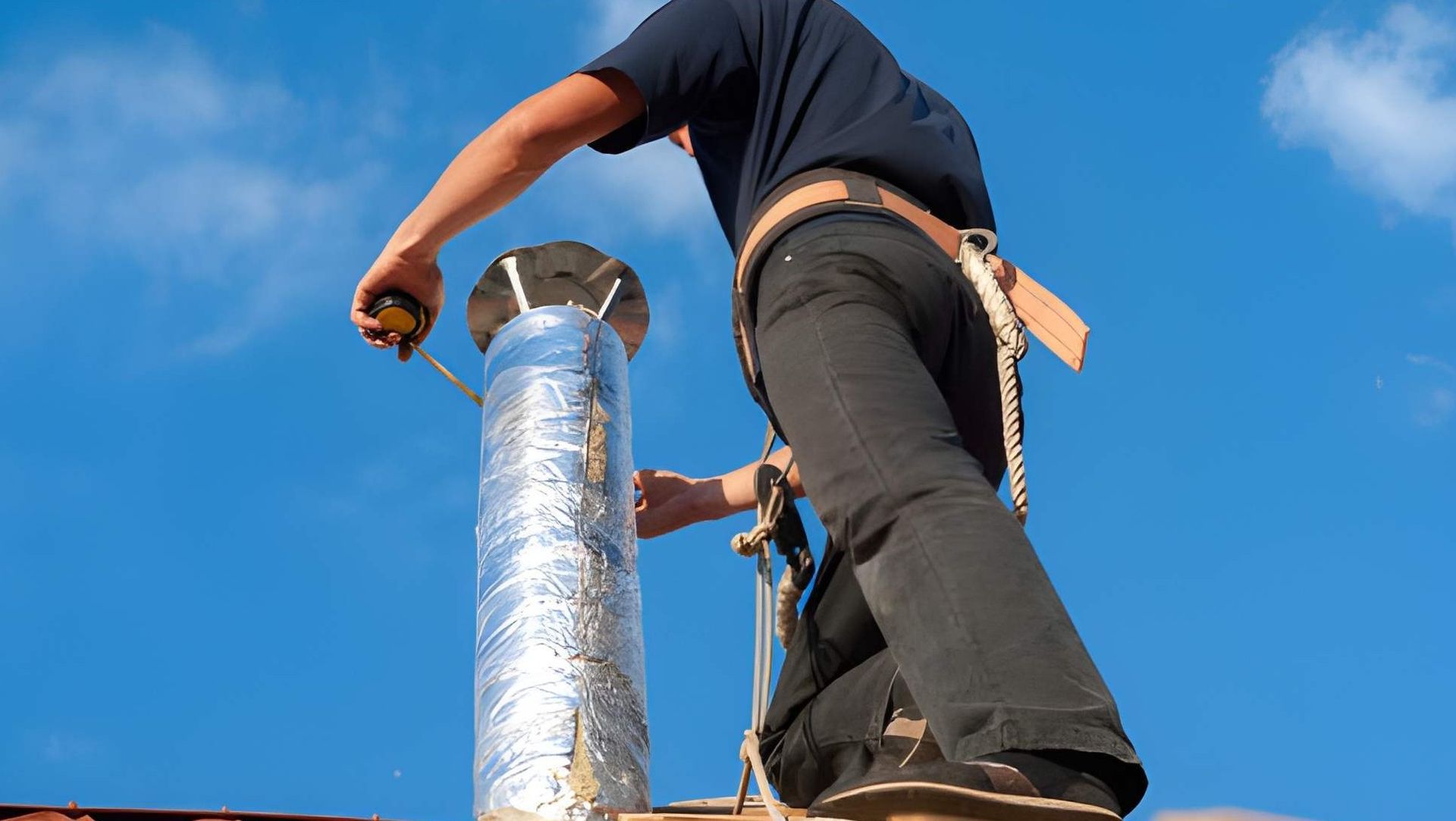 Person applying sealant to a brick chimney cap. Bright blue sky.