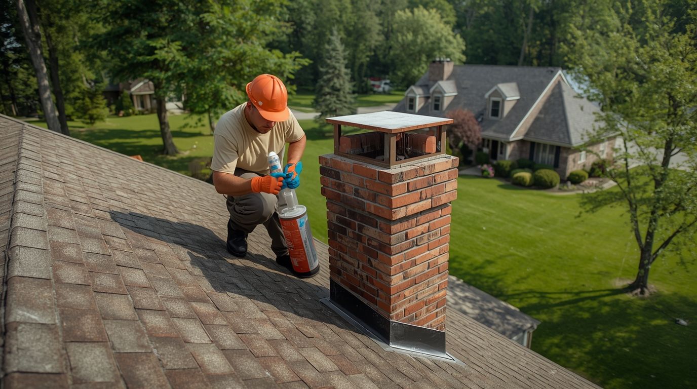 Person on a rooftop, working on a brick chimney; blue pants, black jacket, and gray hair.