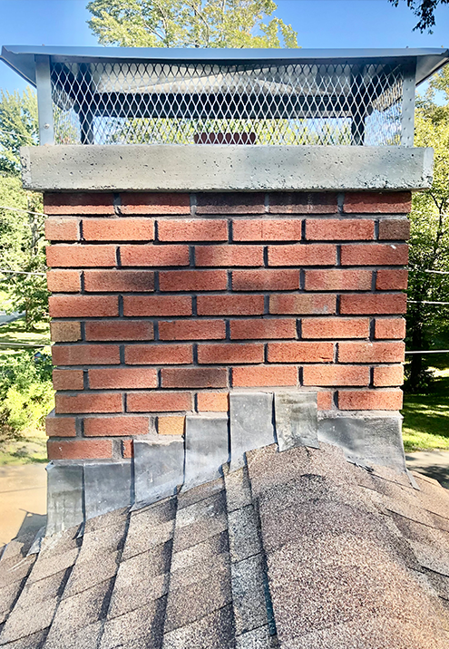 Brick chimney with mesh cap on shingled roof.