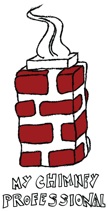 Cartoon chimney with red brickwork, smoke billowing from top, text
