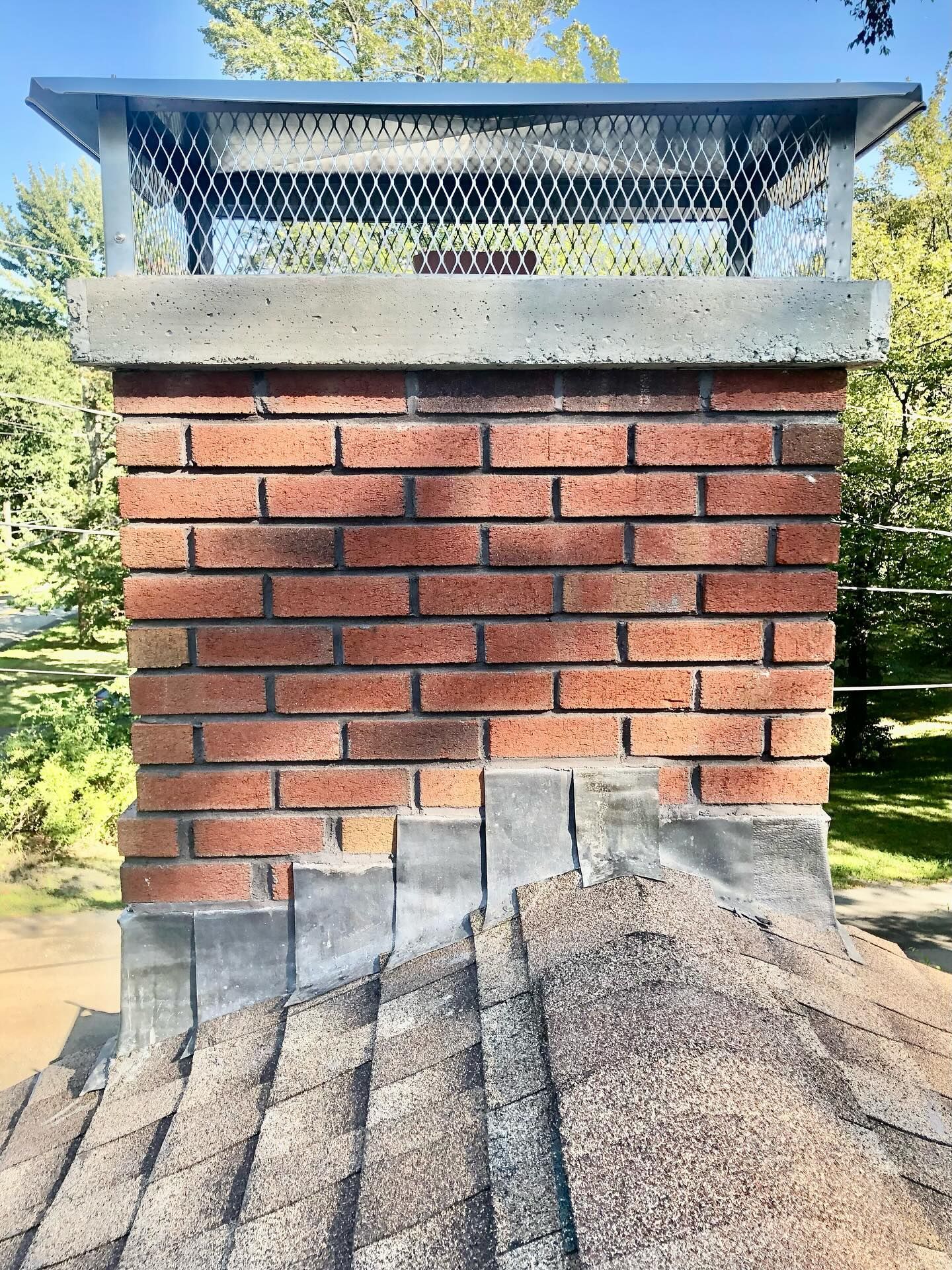 Brick chimney with wire mesh cap, mounted on a roof with gray asphalt shingles.