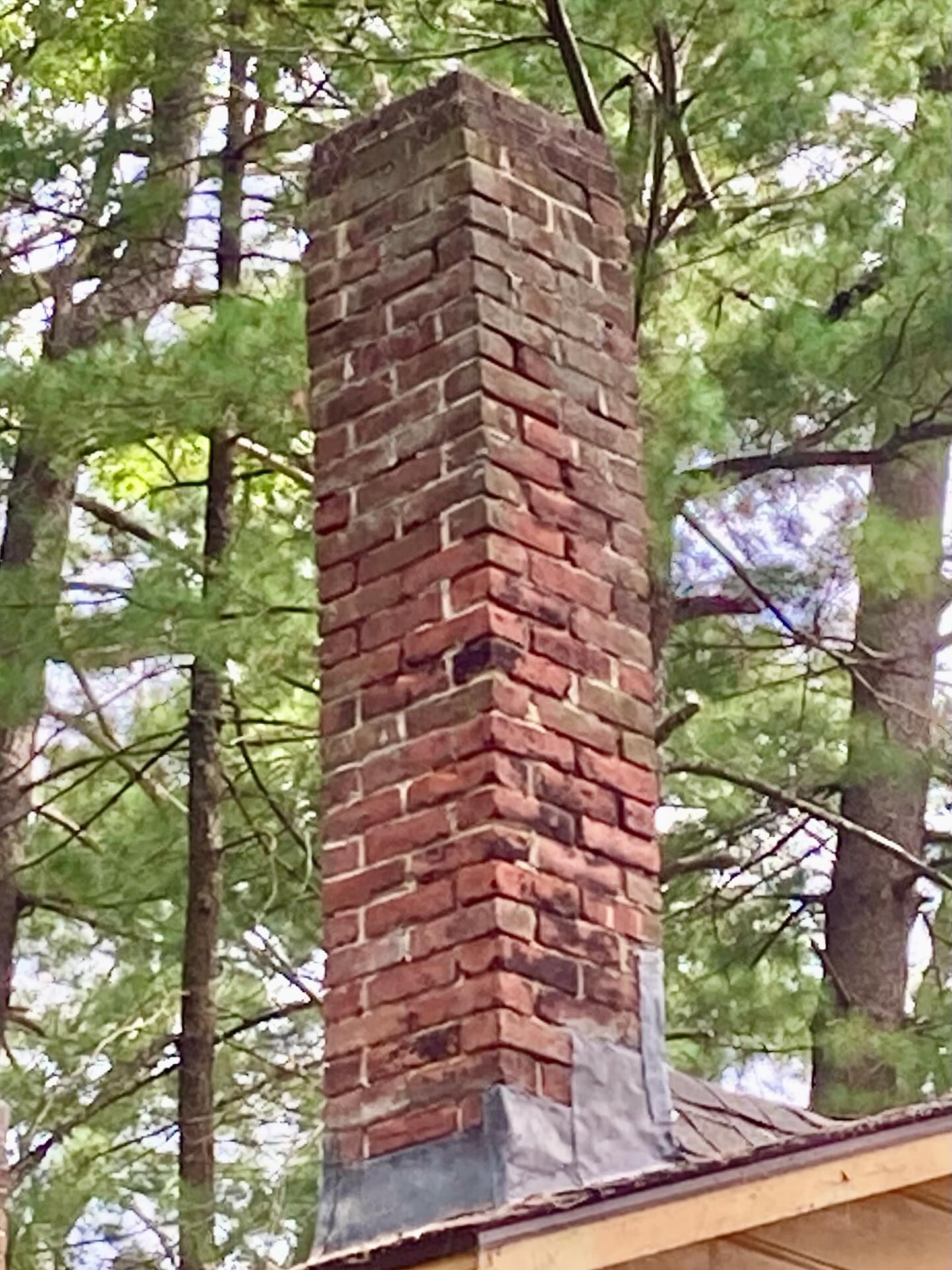 Brick chimney extending from a roof, surrounded by trees.