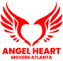 The logo for angel heart movers atlanta is a red heart with wings.