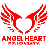 The logo for angel heart movers atlanta is a red heart with wings.