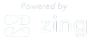 A white logo that says `` powered by zing '' on a white background.