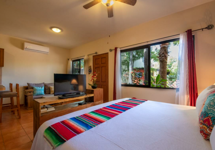 A bedroom with a king size bed , television , and a ceiling fan.
