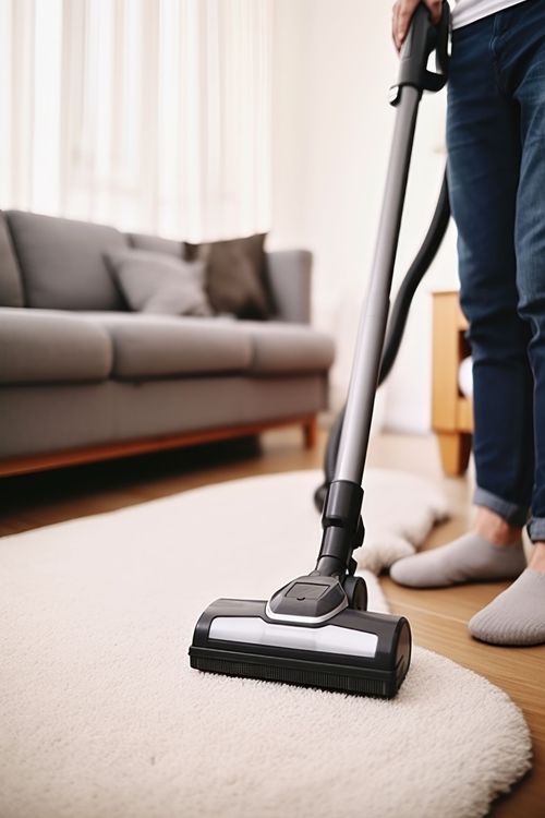 a person is using a vacuum cleaner to clean a rug in a living room .