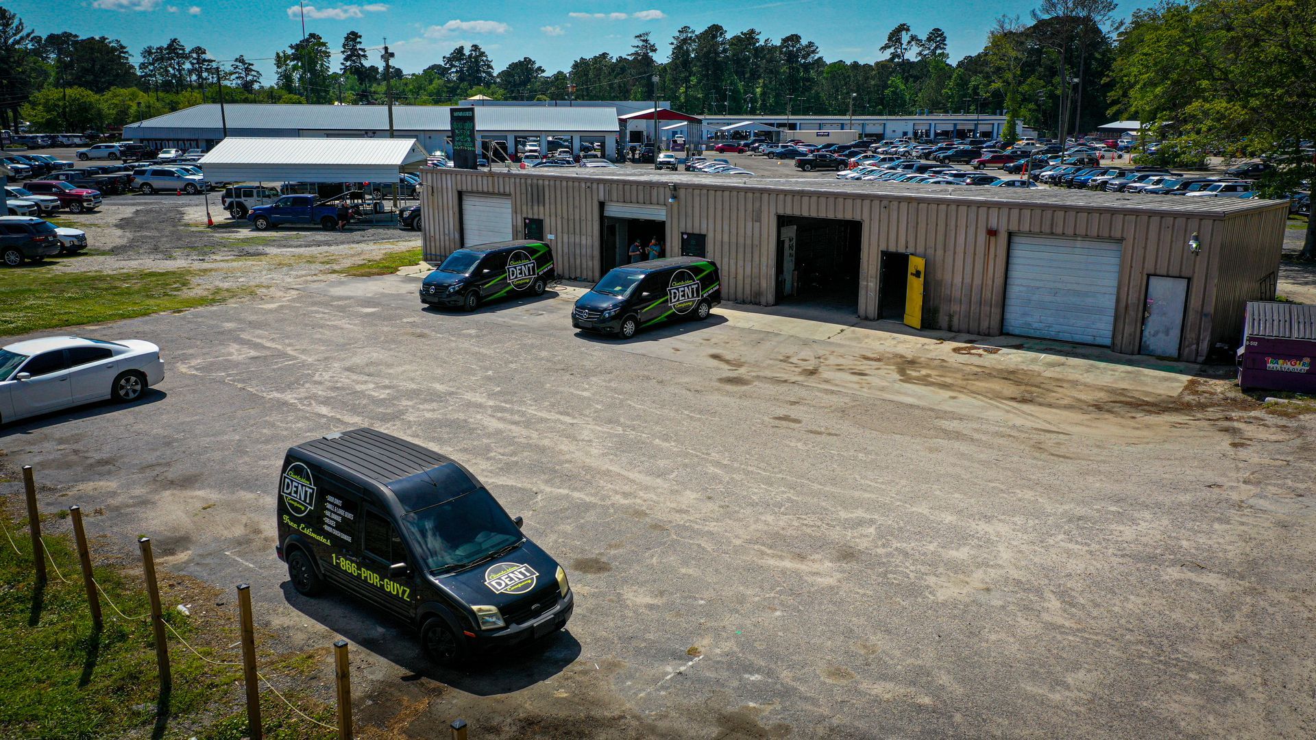 Aerial Picture from a drone highlighting an elevated viewpoint of our shop location in Summerville sc.