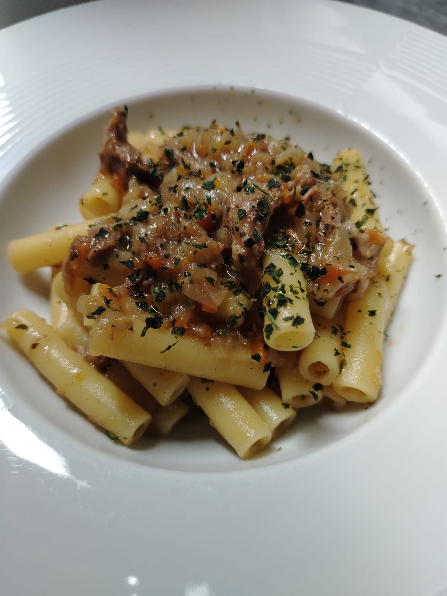 Piatto di pasta: rigatoni al ragù, guarnito con prezzemolo, servito in una ciotola bianca.