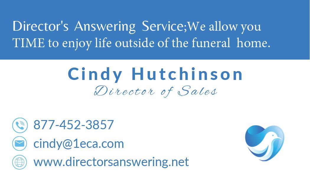 a blue business card for cindy hutchinson director of sales