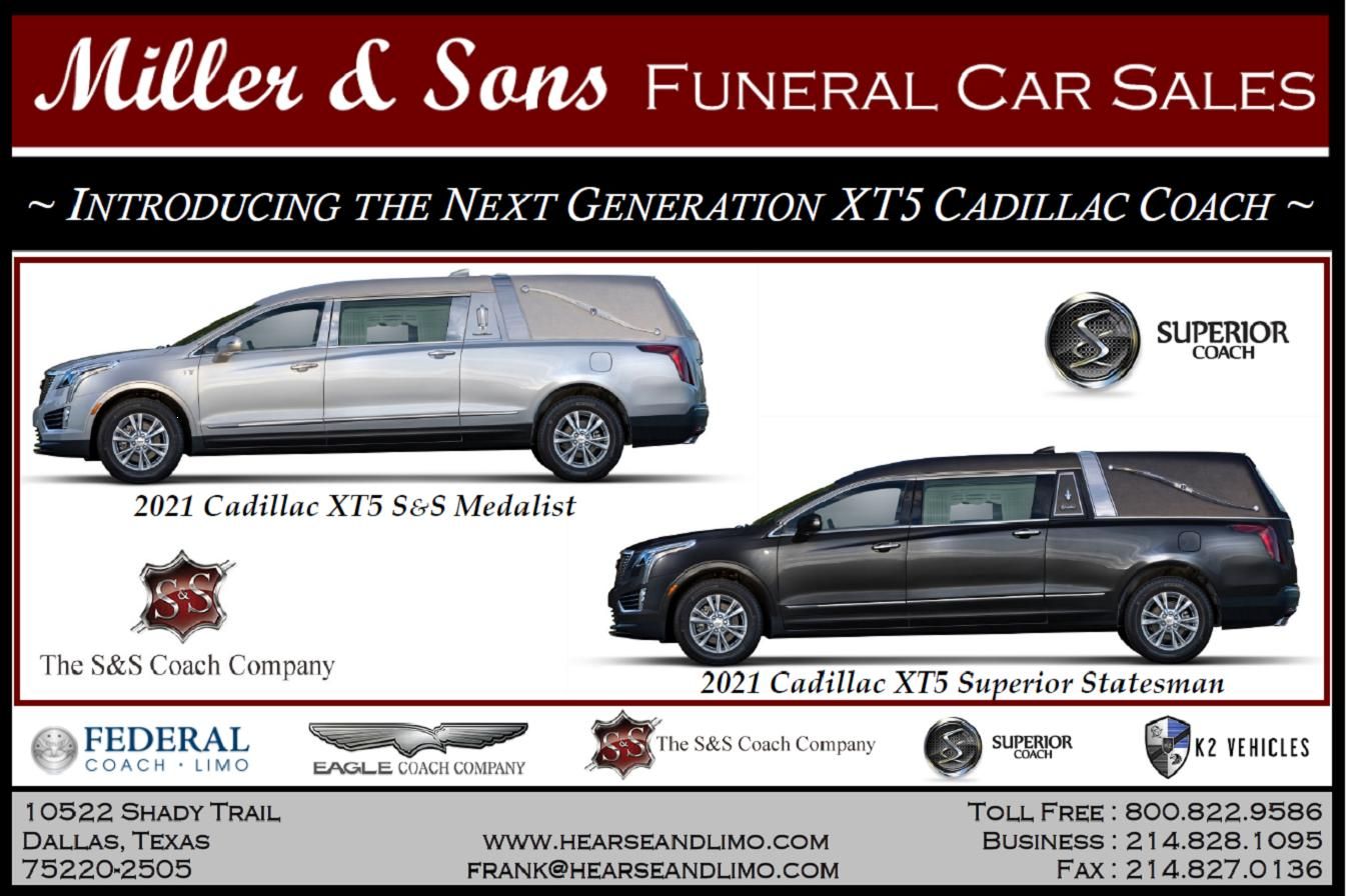an advertisement for miller & sons funeral car sales