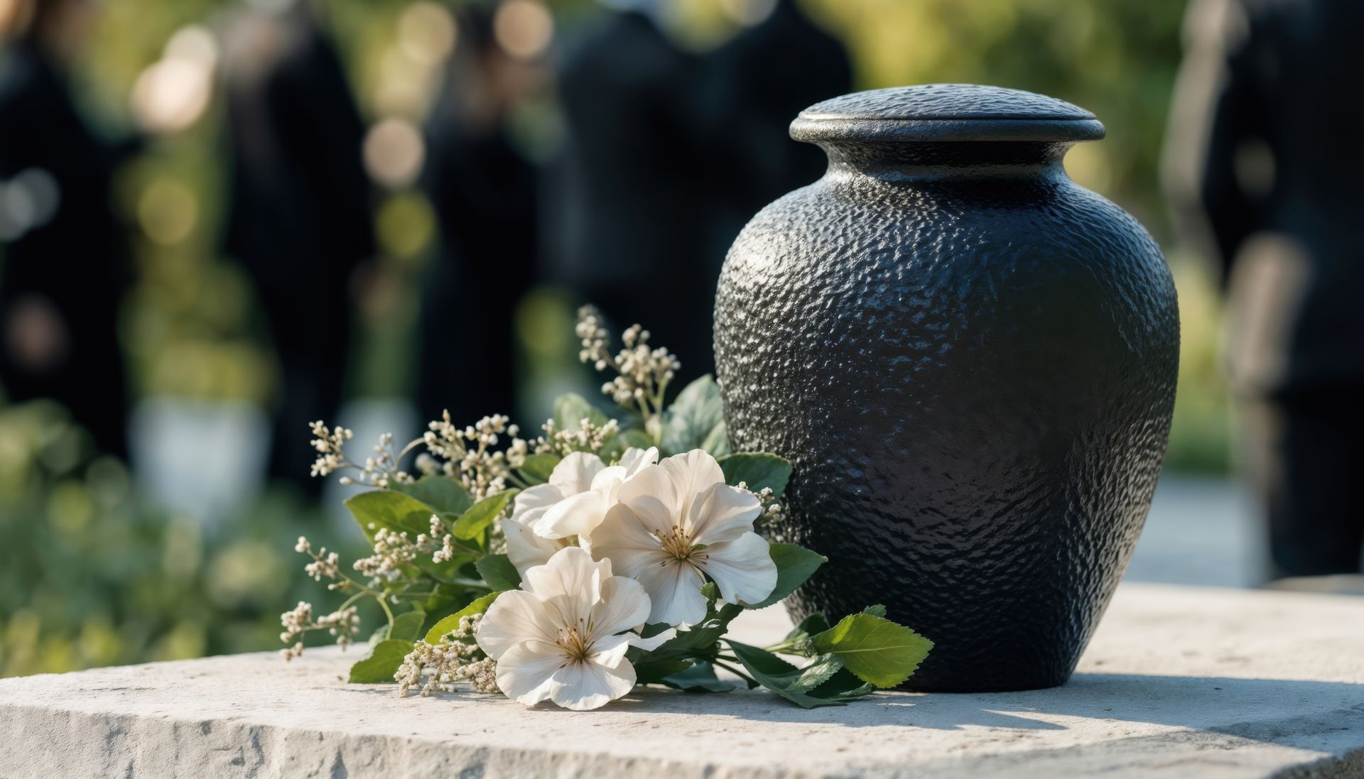 Dark textured urn and white flowers for a dignified cremation funeral service memorial. Dark textured urn and white flowers for a dignified cremation funeral service memorial.