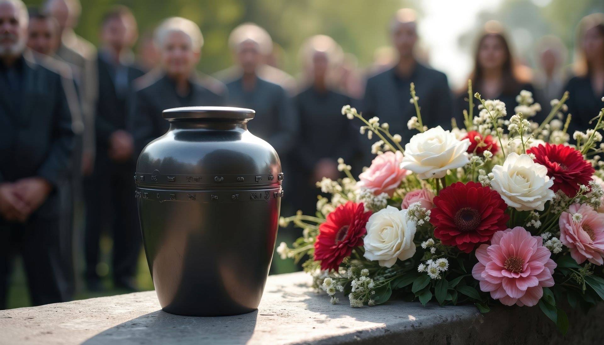 Local cremation service tribute with urn and flowers in foreground and mourners standing behind.