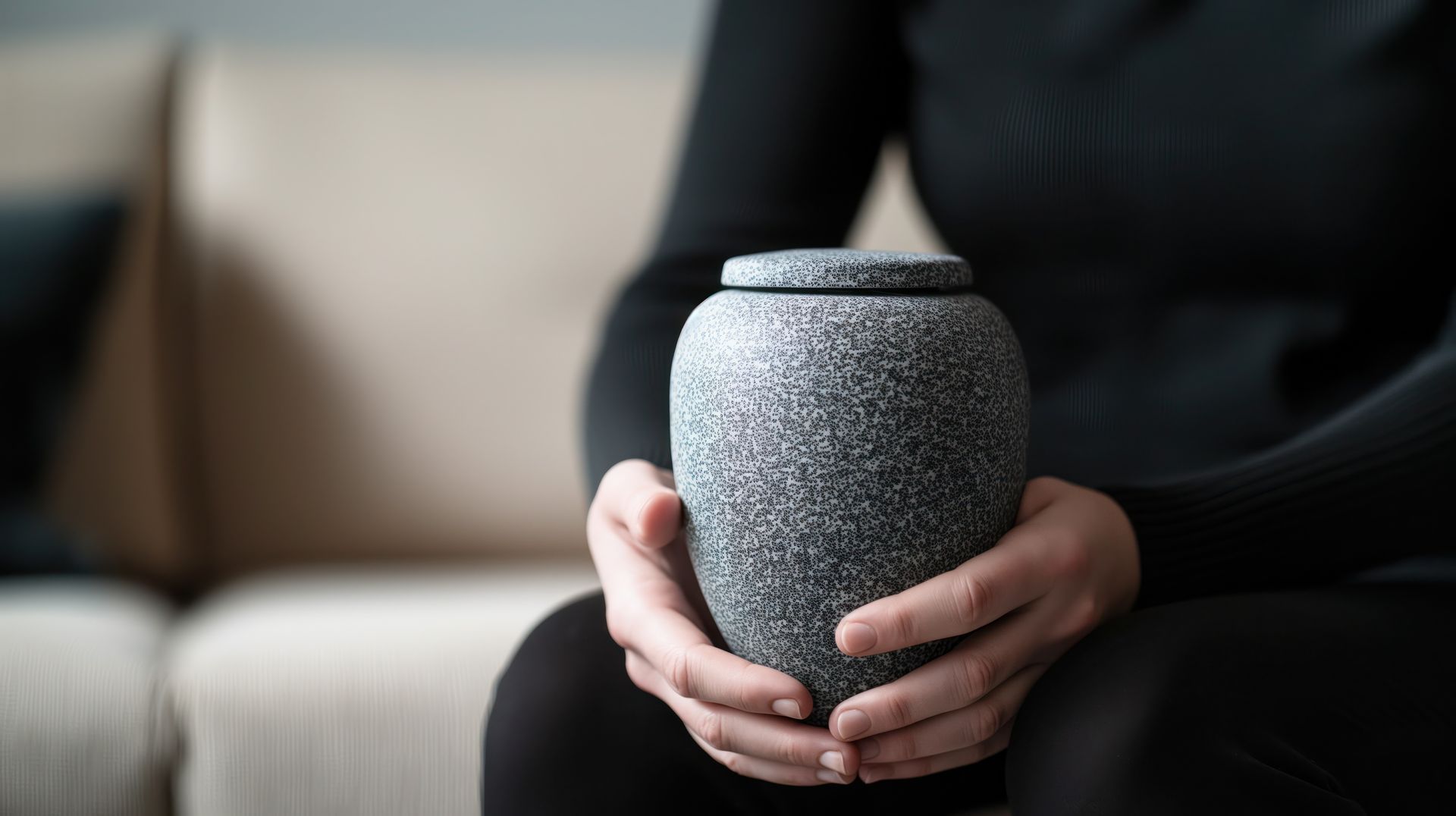 Widow sitting on a couch while holding a cremation urn.