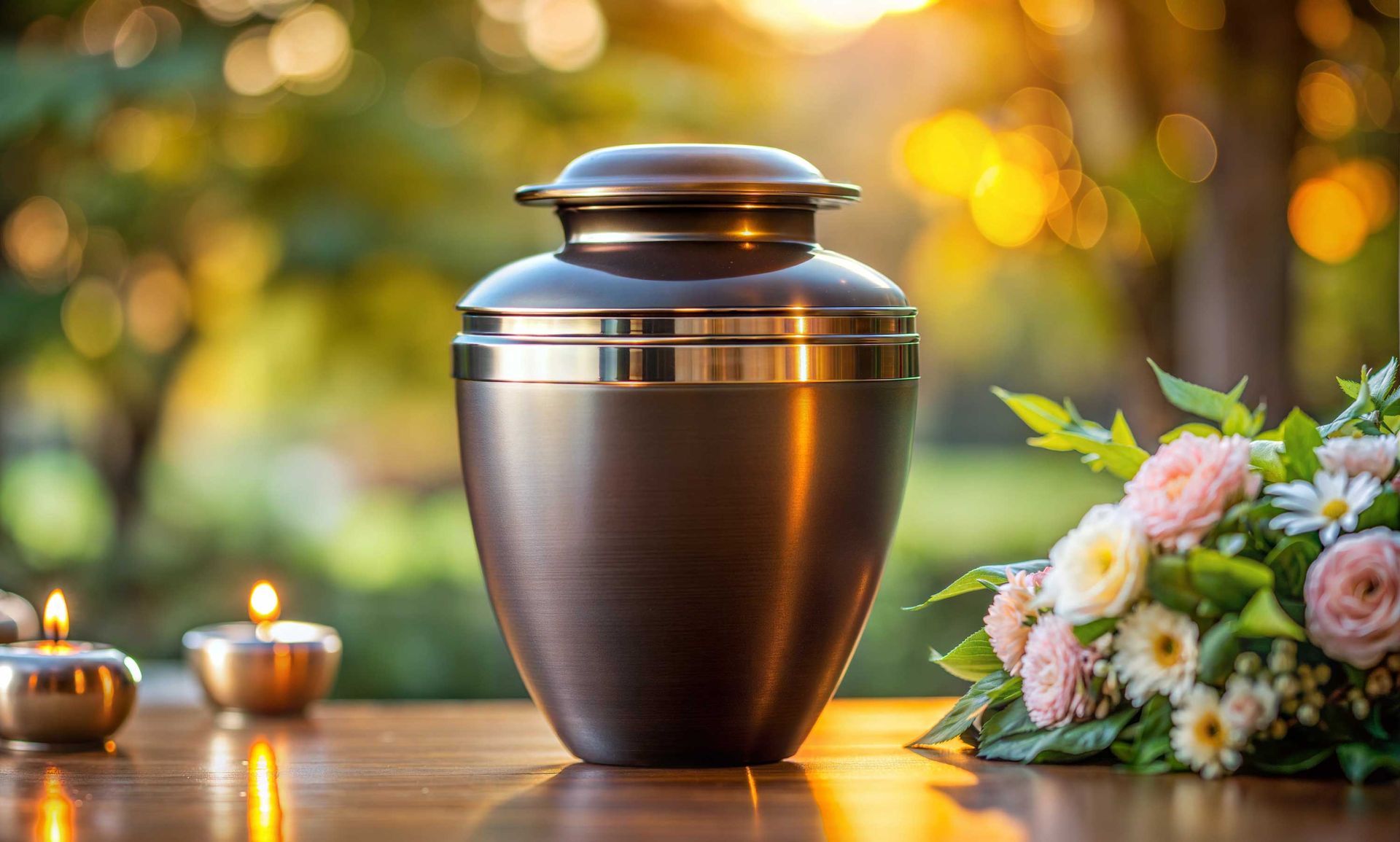 Elegant bronze urn with gold bands for a peaceful cremation funeral service memorial.