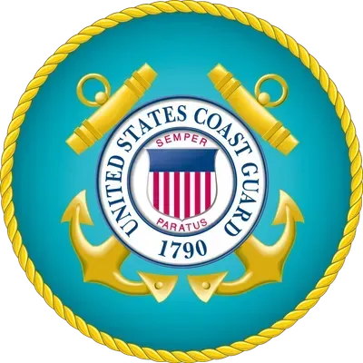 United States Coast Guard emblem: anchor, cannons, shield, and text on a blue background encircled by rope.