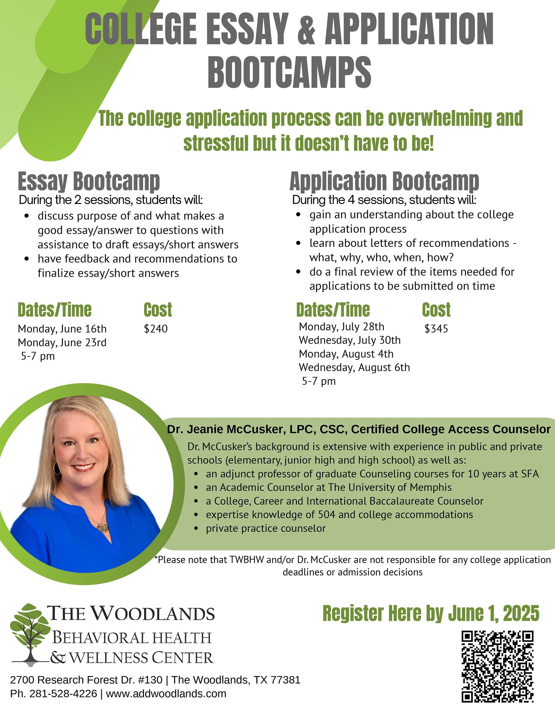 College Essay & application bootcamps flyer