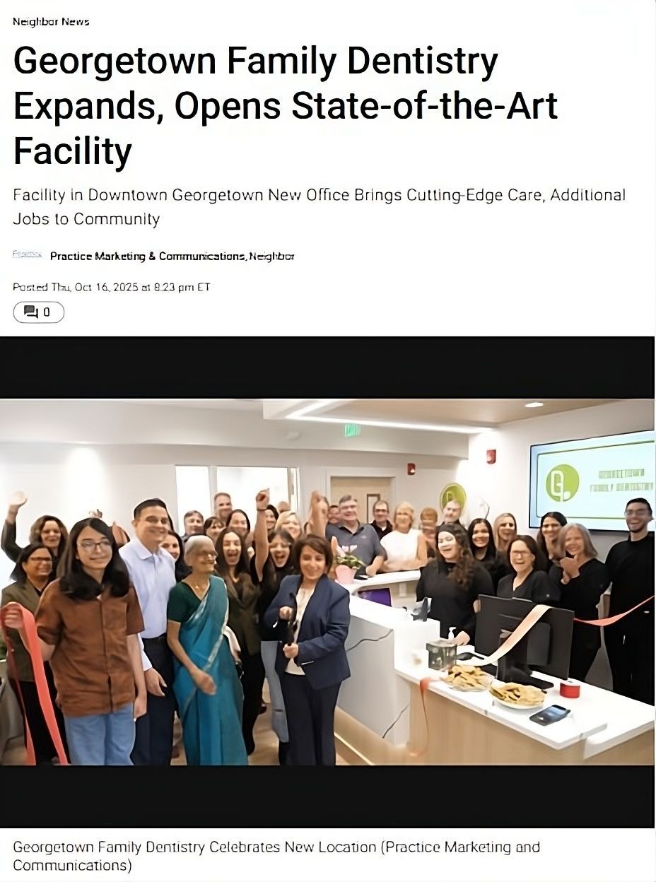 Georgetown Family Dentistry grand opening: people with ribbon cutting in a new, modern office.