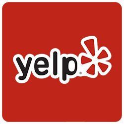 Yelp logo: White text on a red square background, with a stylized white and red flower graphic.
