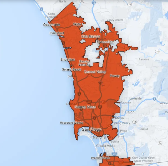 Map of San Diego County with a large orange highlighted area.