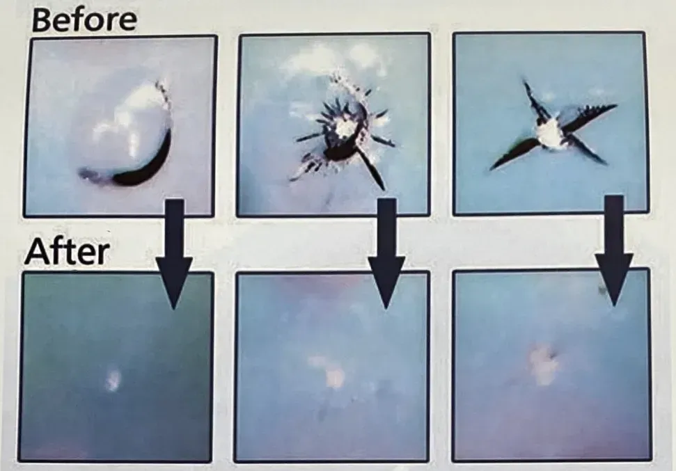 Before and after photos of car windshield crack repair.