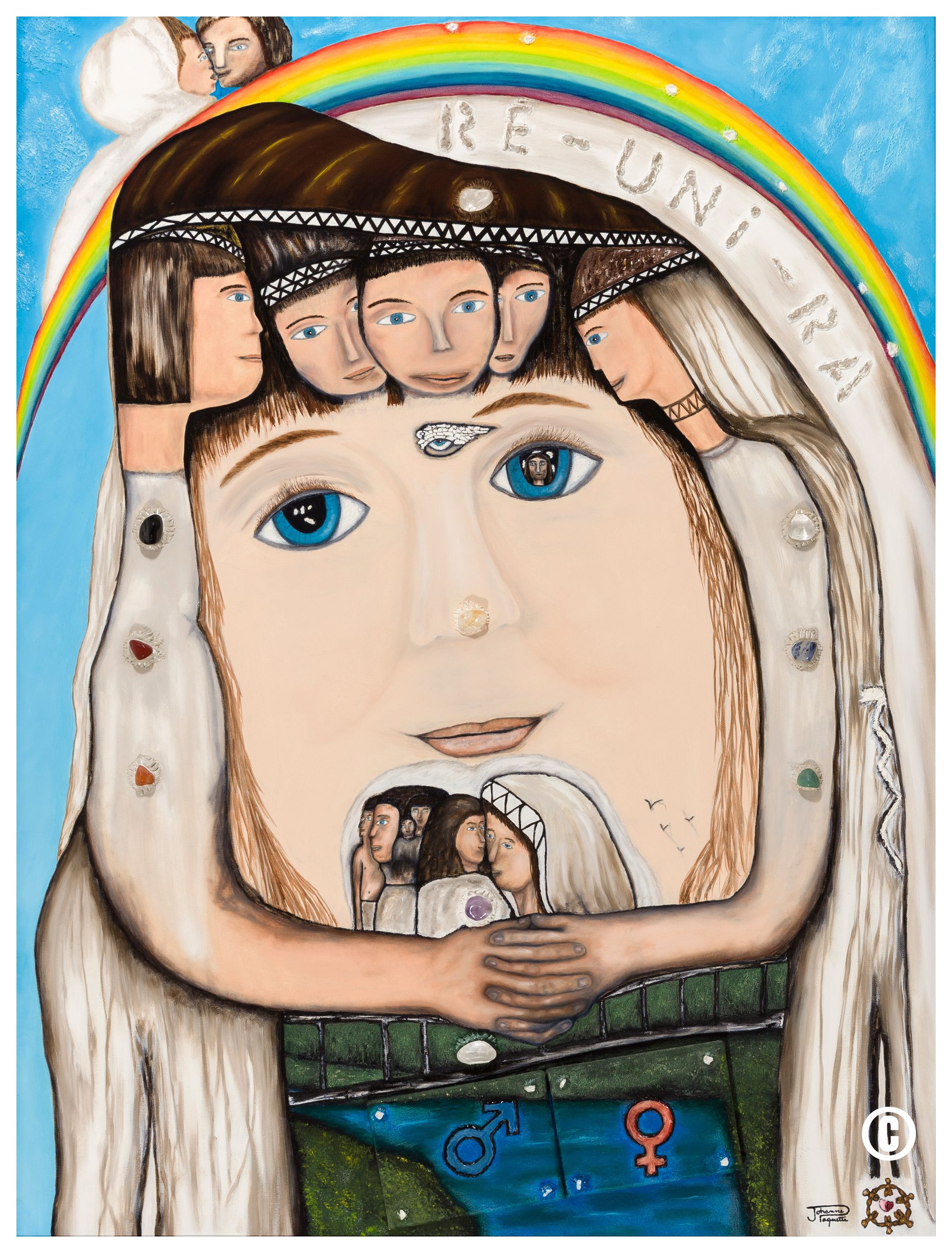 Une peinture d'un homme avec un arc-en-ciel en arrière-plan