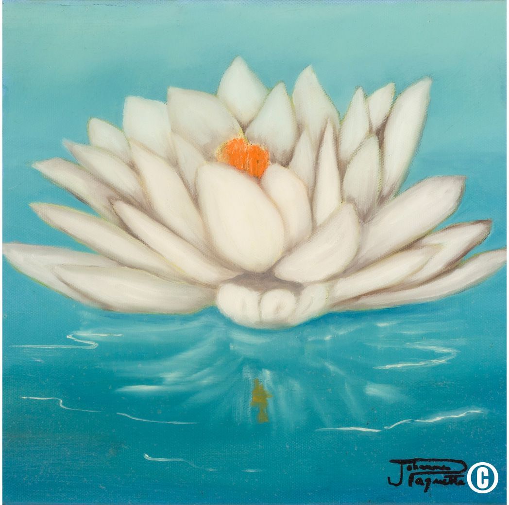 Une peinture d'une fleur de lotus blanche avec un centre jaune