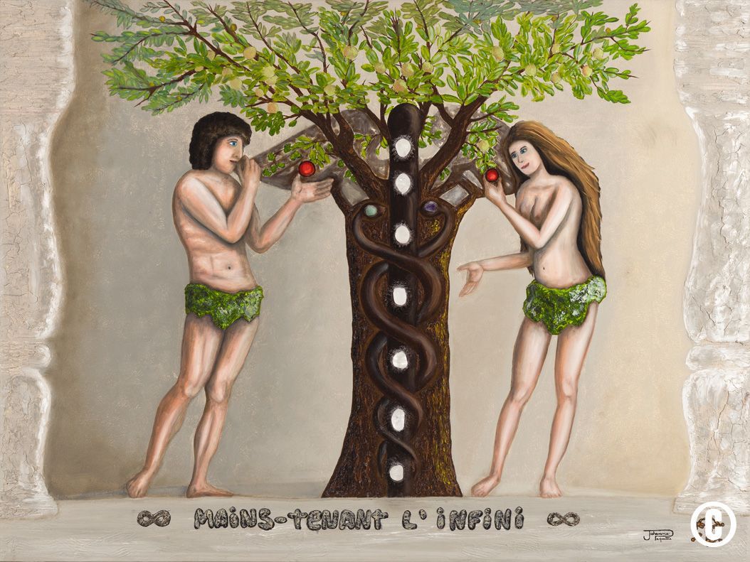 Une peinture d'Adam et Eve debout sous un pommier