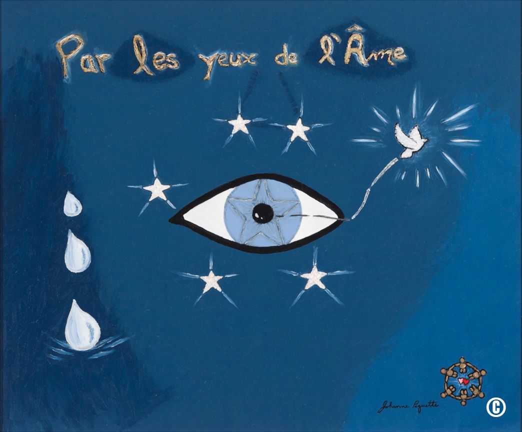 Un fond bleu avec un dessin d'un œil et les mots par les yeux de l'ame