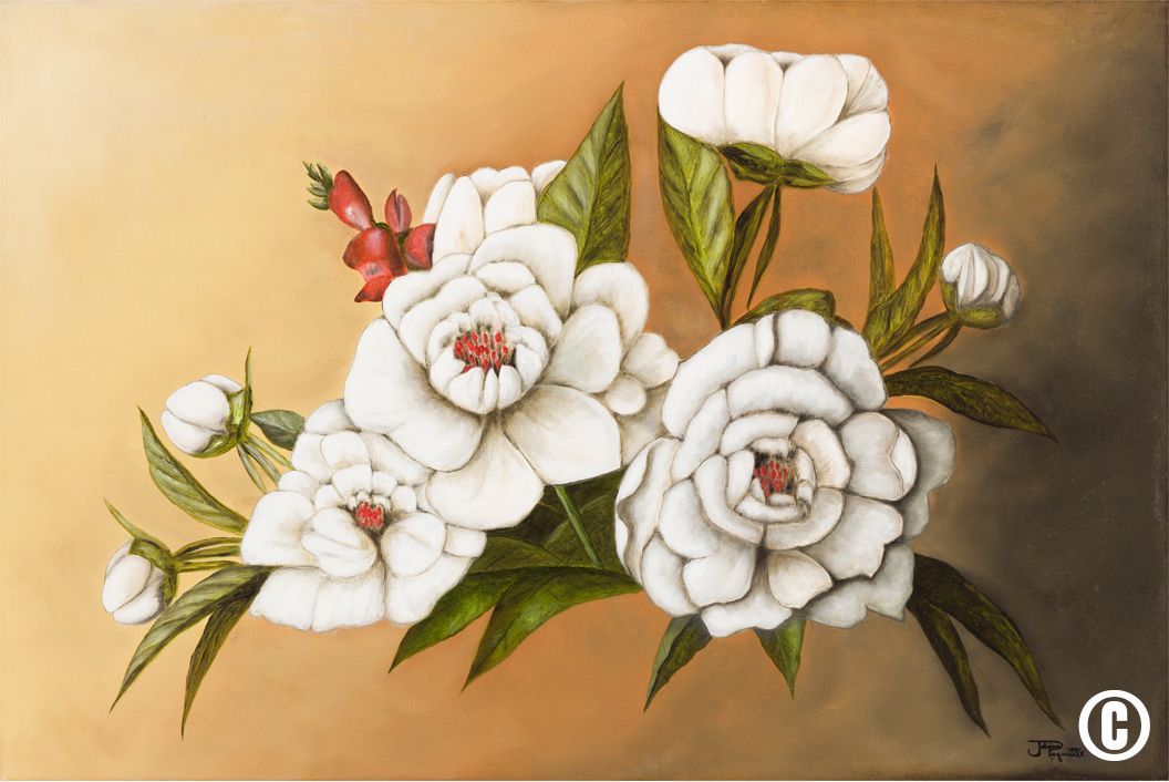 Une peinture de fleurs blanches avec des feuilles vertes