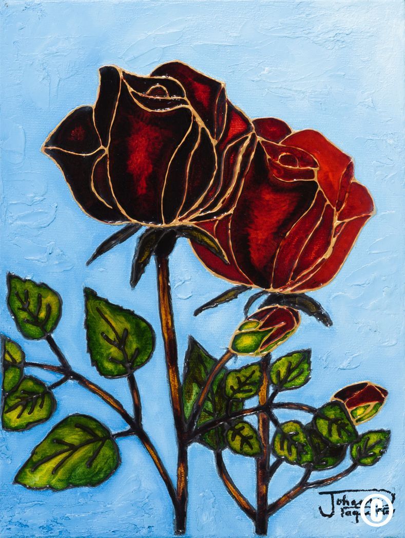 Une peinture de deux roses rouges sur fond bleu