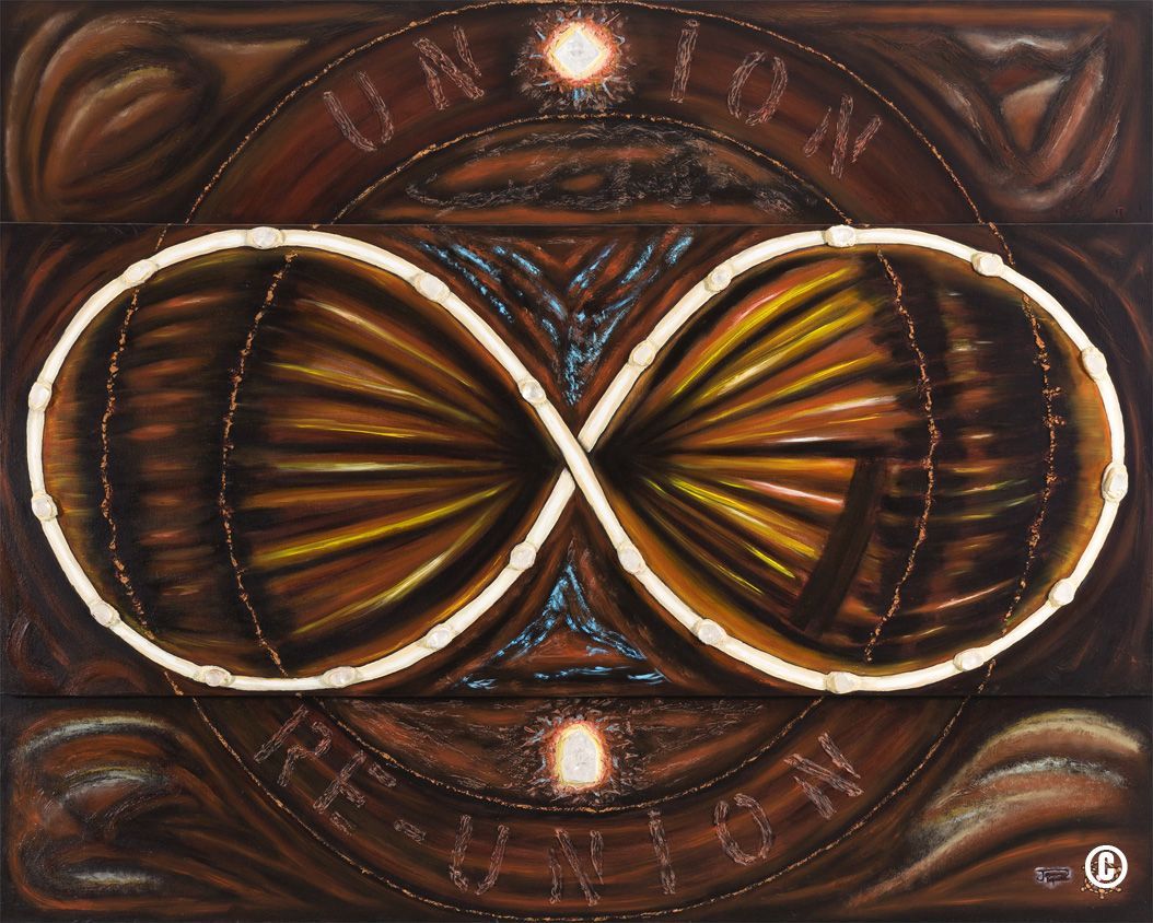 Une peinture d'un symbole de l'infini avec le mot union en bas