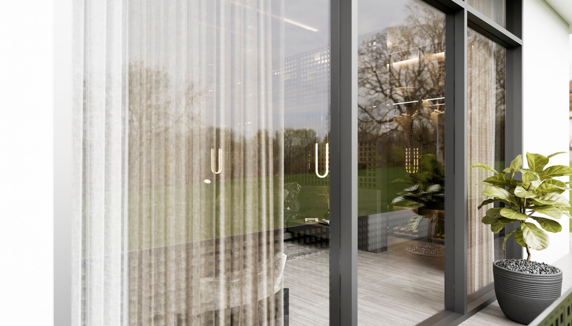 Glass doors with gold handles reveal a patio and a view of a green landscape. Sheer curtains hang inside.