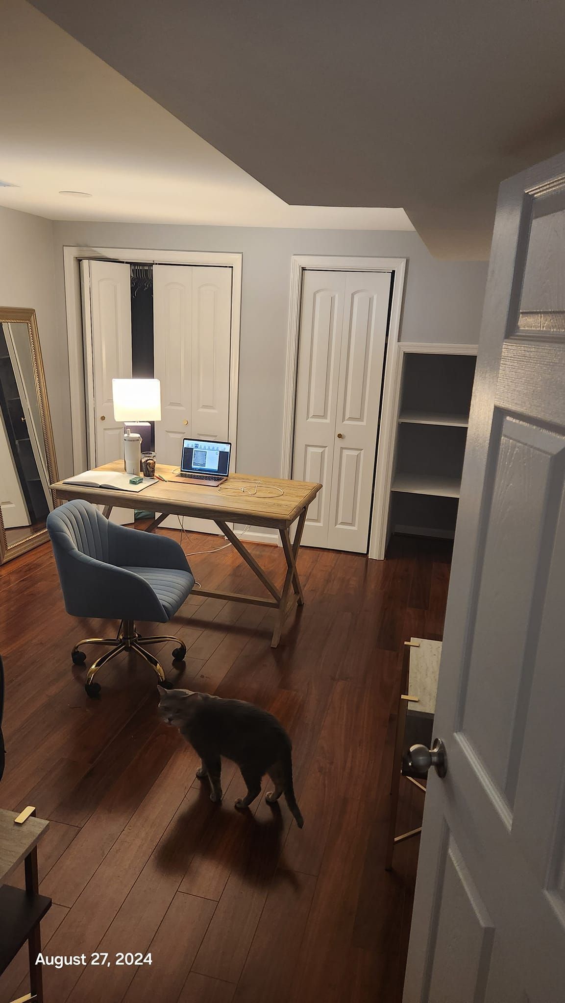 A gray cat walks in a room with a desk, chair, and wooden floor.