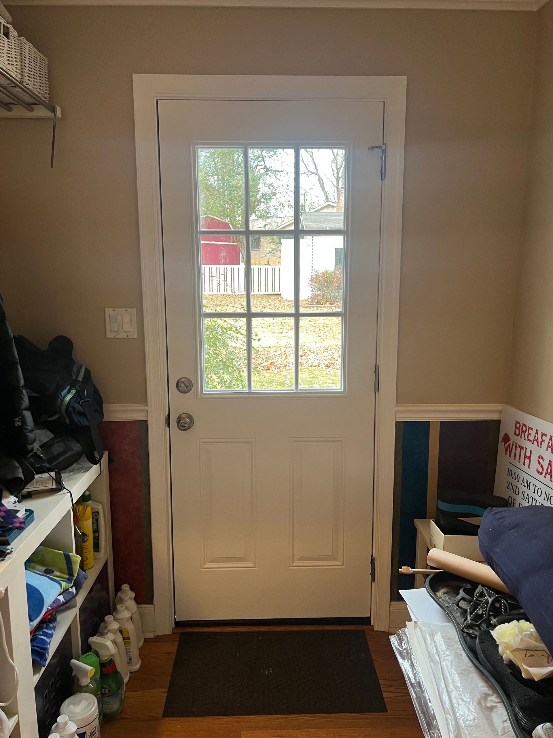 White door with glass panes, framed by white trim, opens to a backyard; interior entrance with tan walls.