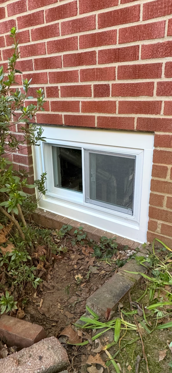 A white-framed basement window in a red brick wall. The window is partially obscured by plants and dirt.