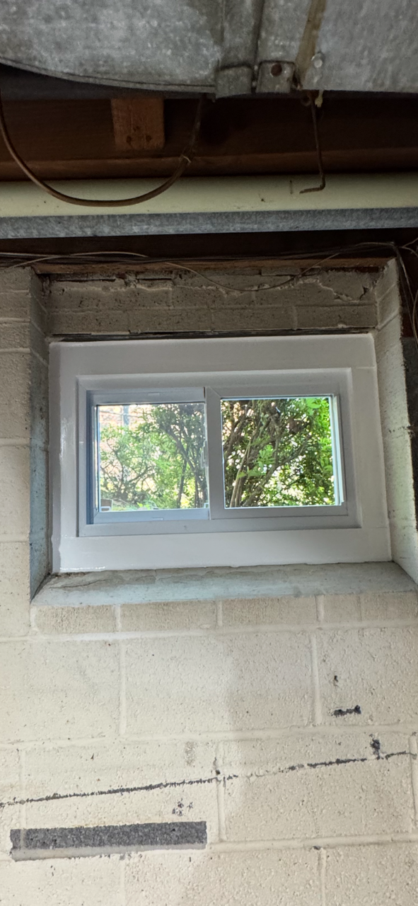 Basement window, white frame, set in a concrete wall with a view of trees outside. Overhead, conduit and wiring.