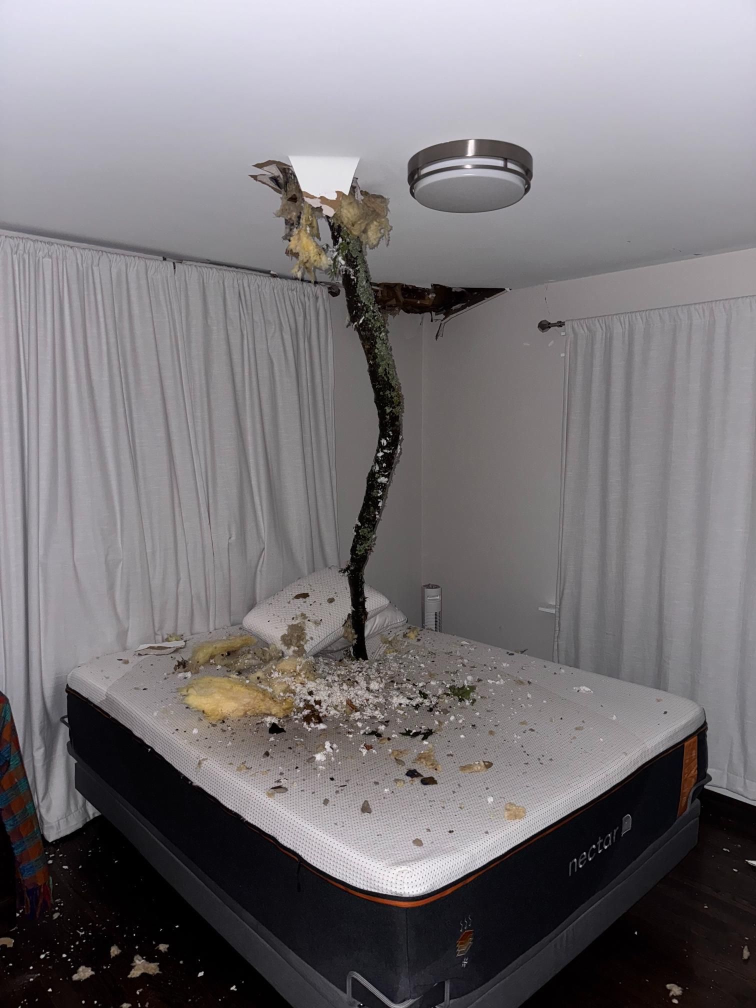 Damage to a bedroom ceiling with debris covering a mattress. A dark object protrudes from the ceiling.