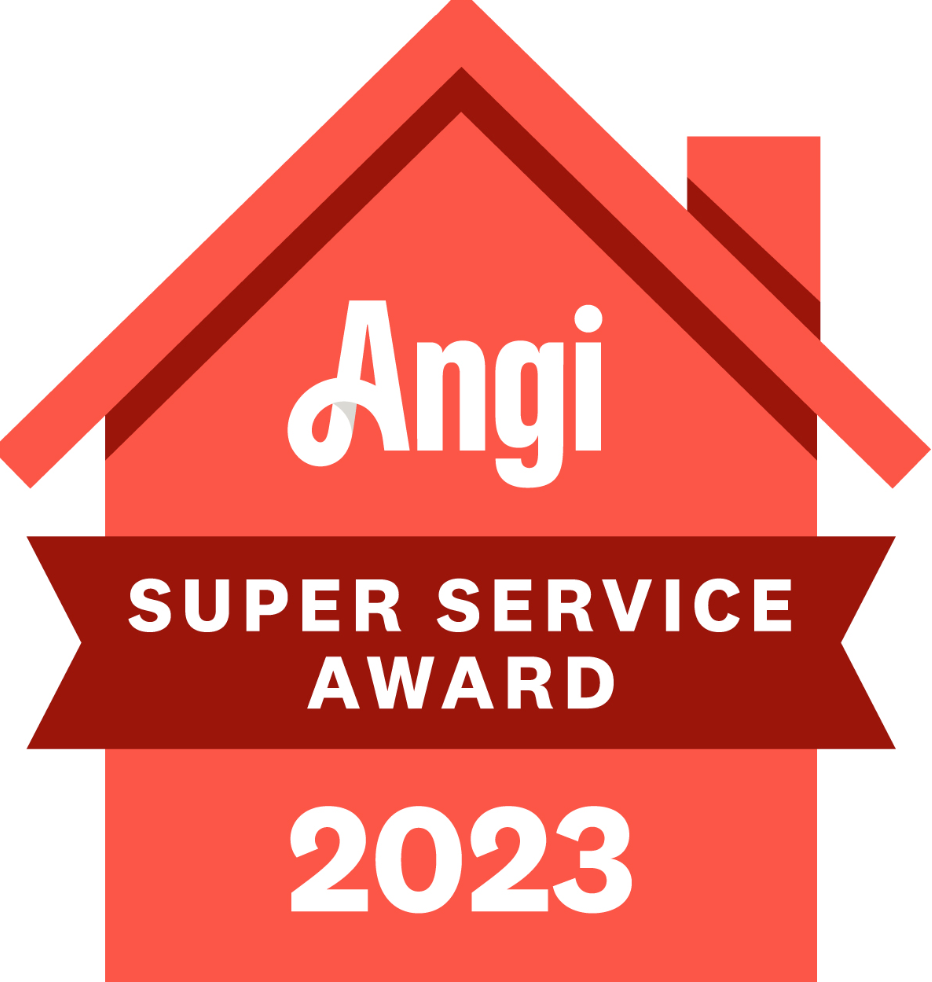 A red house with a red ribbon that says angi super service award 2023