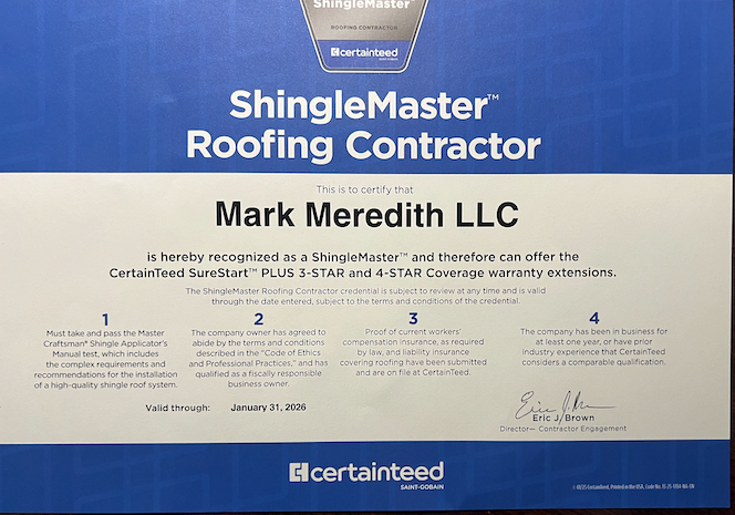 Shinglemaster roofing contractor mark meredith llc certificate