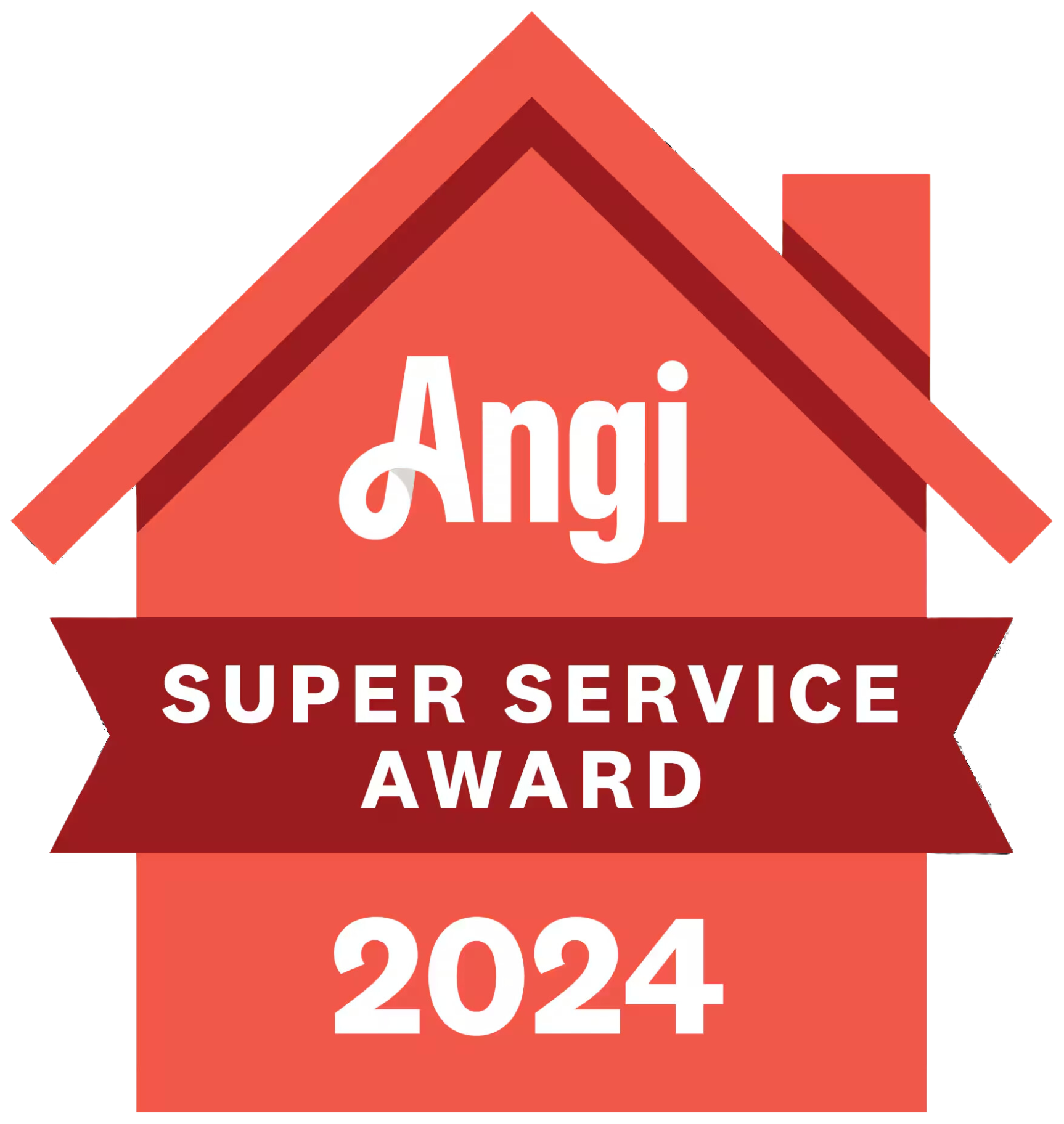 A red house with a red ribbon that says angi super service award 2024