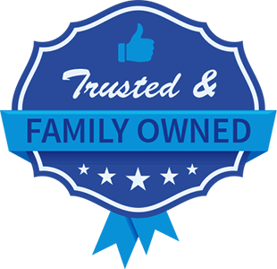 A blue badge that says trusted and family owned