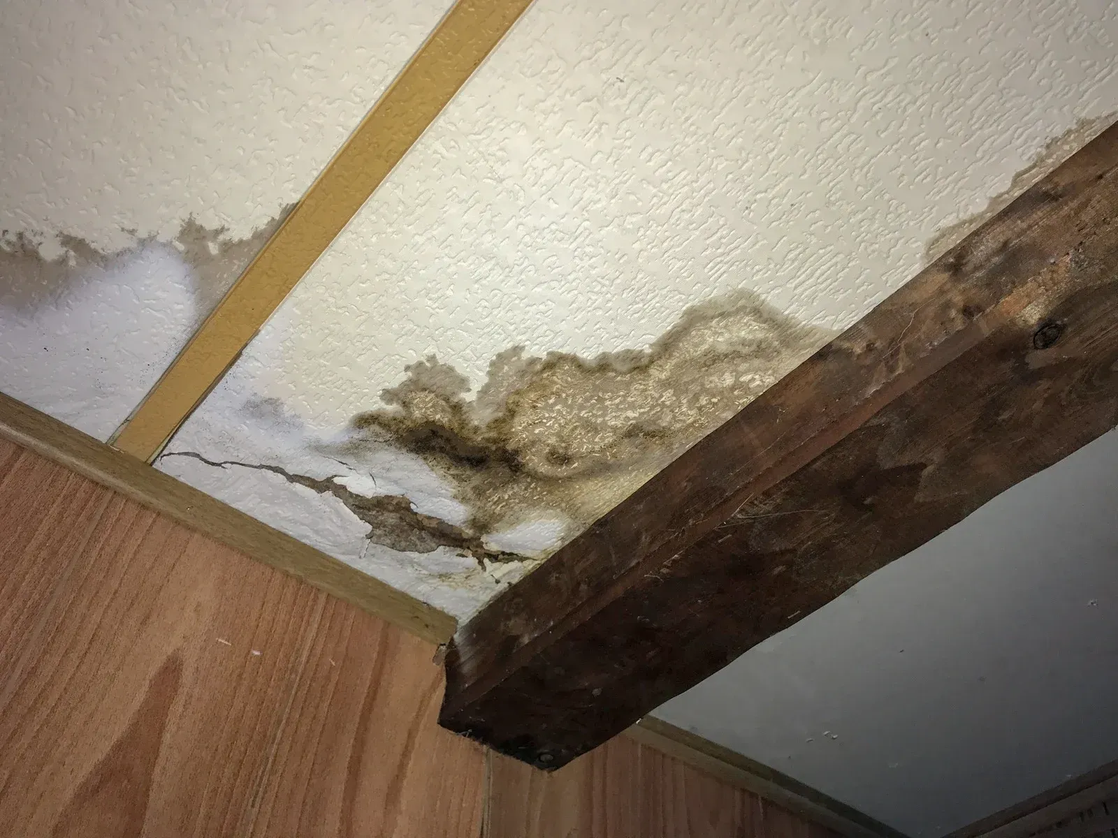 Water damage on ceiling with brown stains and exposed wooden beam.