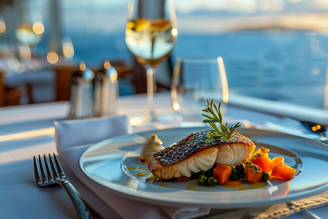 A plate of food with a glass of wine on a table.