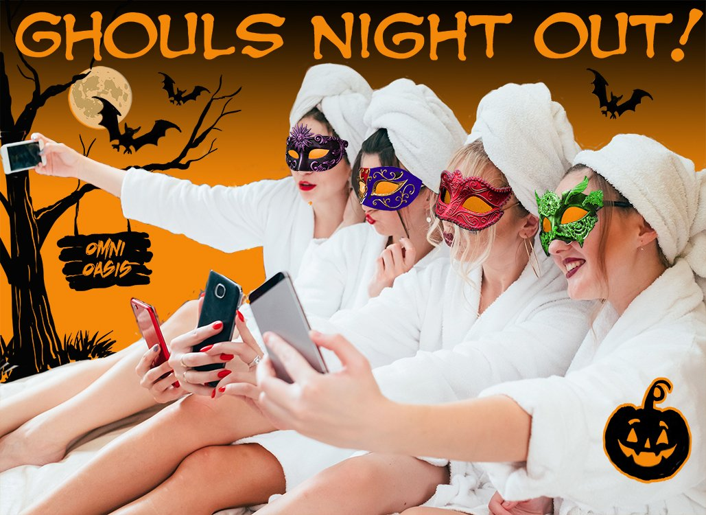 Four women in robes and masks, taking selfies; Halloween party.