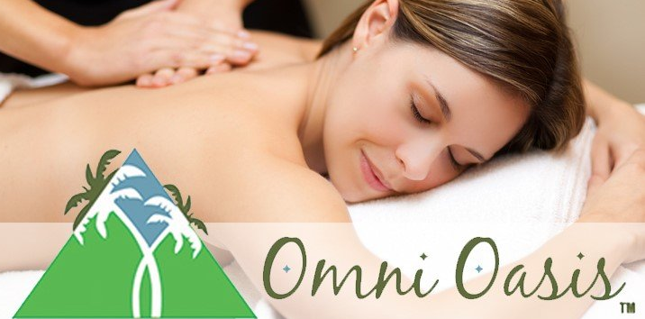A person receiving a massage while lying on their side, with the green Omni Oasis logo overlaid on the foreground.