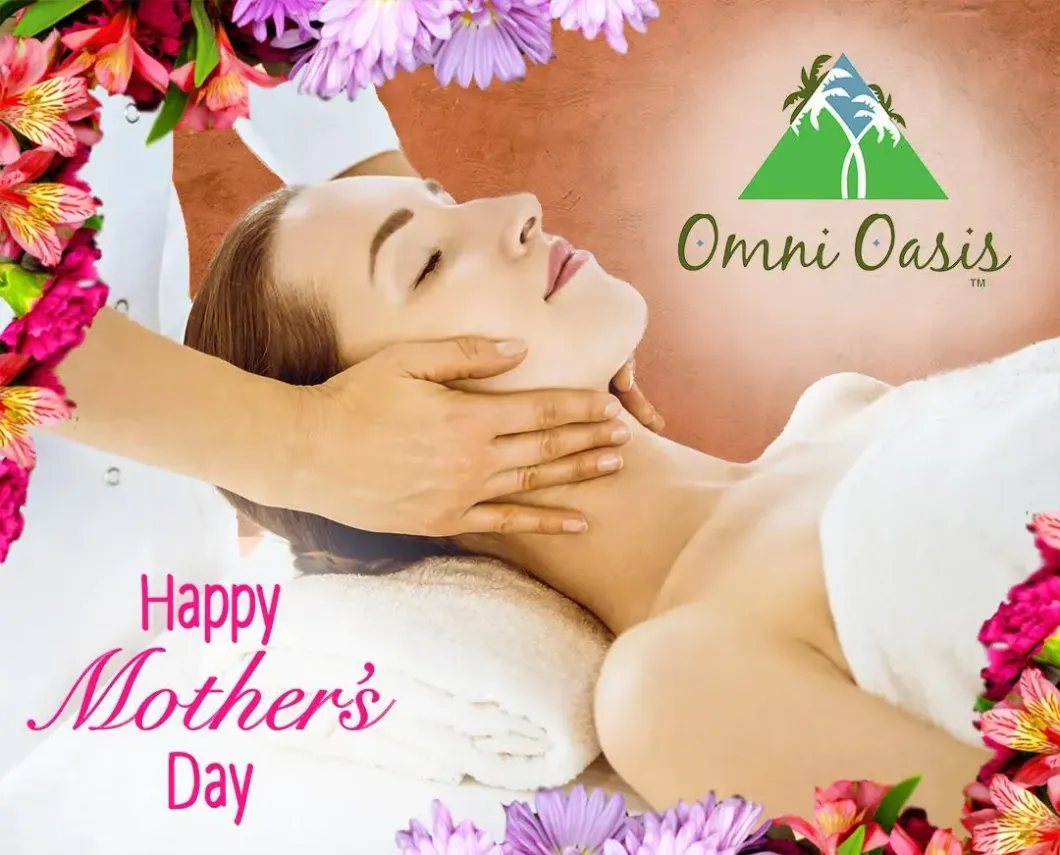 A person receives a back massage while lying on a table, with the green Omni Oasis logo overlaid in the foreground.