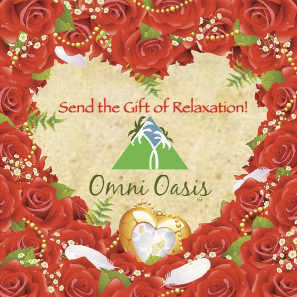 Heart-shaped floral arrangement with red roses, pearls, and Omni Oasis logo promoting relaxation.