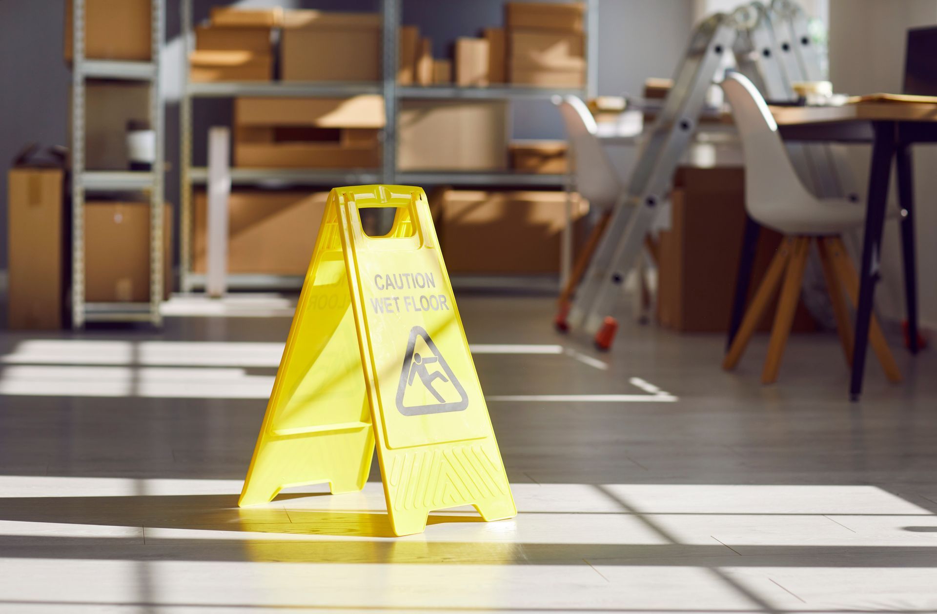 A yellow caution sign is sitting on the floor in an office.