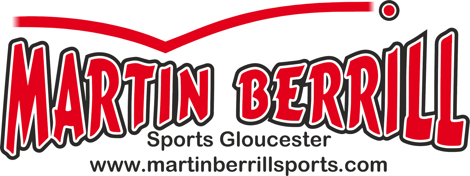 Martin Berrill Sports logo. Red text on a white background with a red curved line above.
